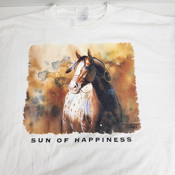 Sun Of Happiness Horse Image Graphic White Short Sleeve T-Shirt Men's Size L - Picture 2 of 4